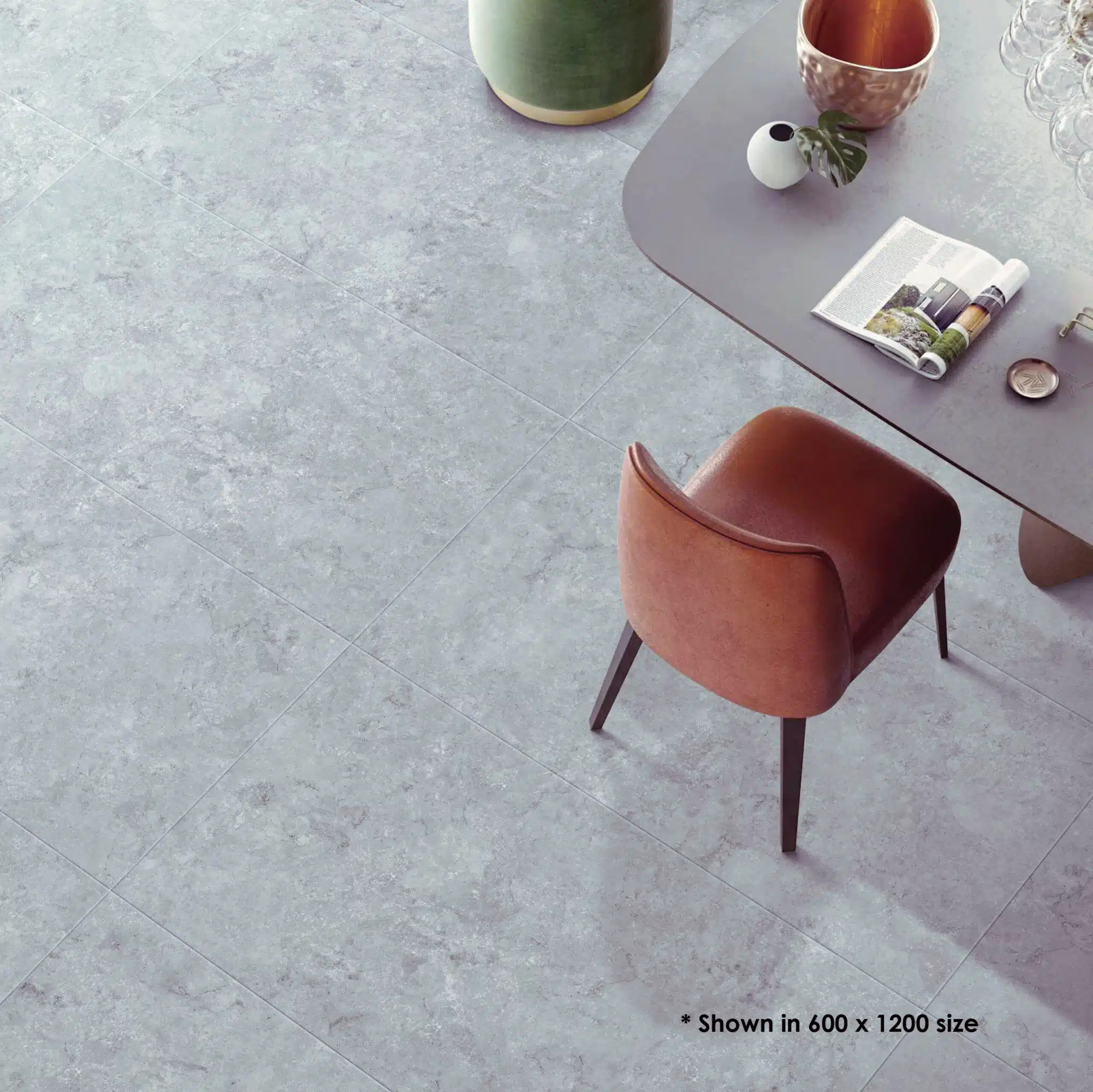 Silver travertine-look floor tiles in situ
