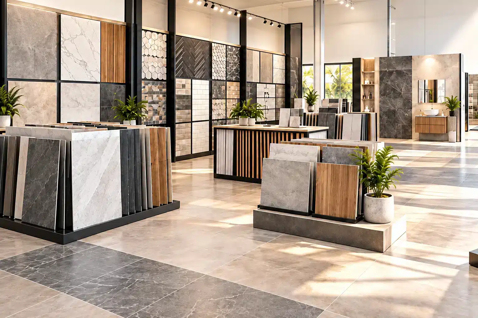 Bright tile showroom displaying marble-look, stone and timber-look tile samples with a bathroom vanity display.