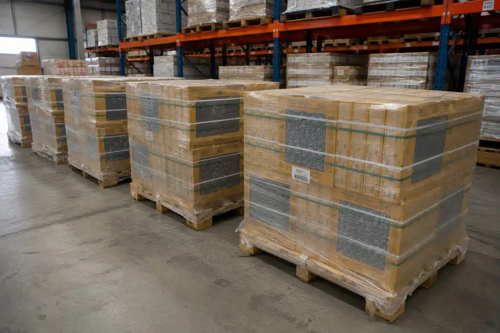 Boxed Tile Pallets in the Warehouse Wrapped pallets of boxed tiles in the tile warehouse