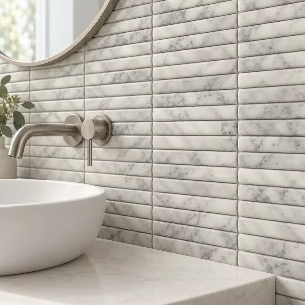 Carrara Cigar Marble Mosaic — White Basin Design Visualisation Carrara Cigar marble wall mosaic design visualisation showing soft grey veining beside a white basin.