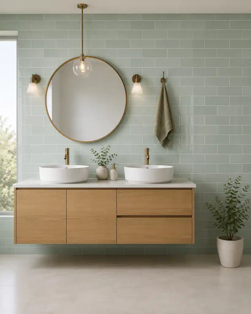 Coastal Green Bathroom Wall Tiles Coastal bathroom with green wall tiles, a round mirror and timber vanity