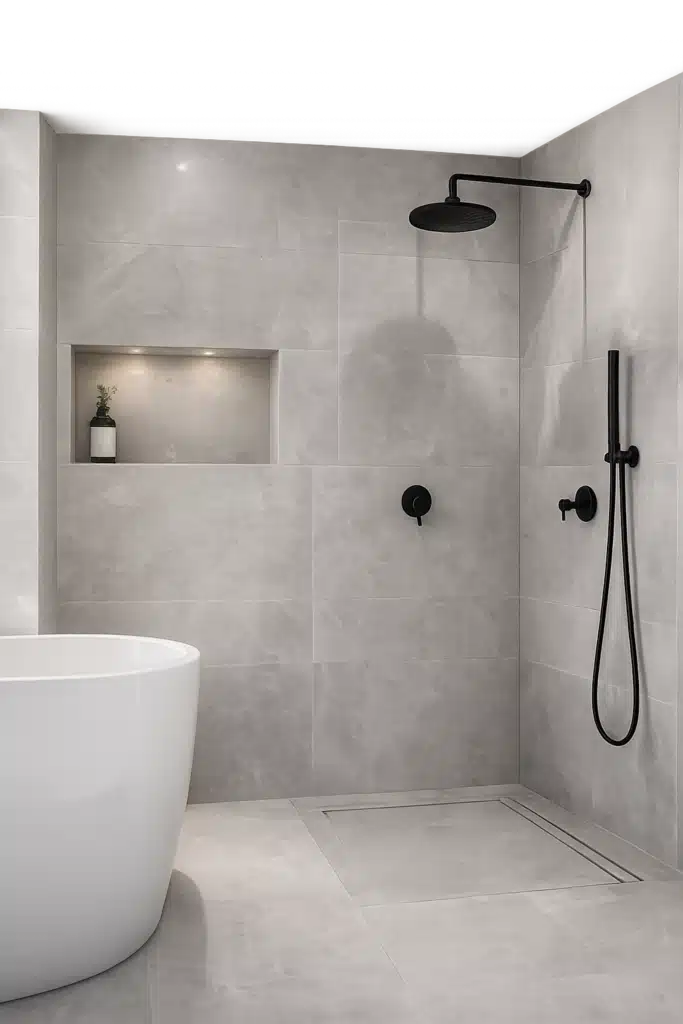 Contemporary Grey Bathroom Shower Tiles Contemporary grey tiled bathroom with a walk-in shower and black fittings