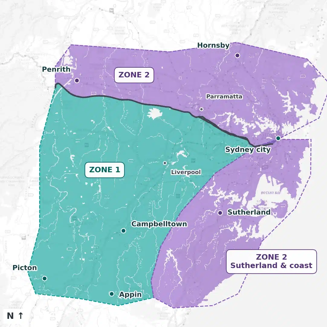 Sydney delivery zones: teal Zone 1 and purple Zone 2