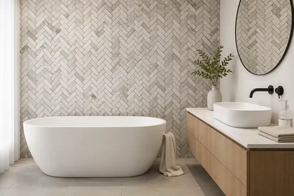 Herringbone Mosaic Bathroom Inspiration Beige herringbone mosaic bathroom inspiration with a freestanding bath and timber vanity.
