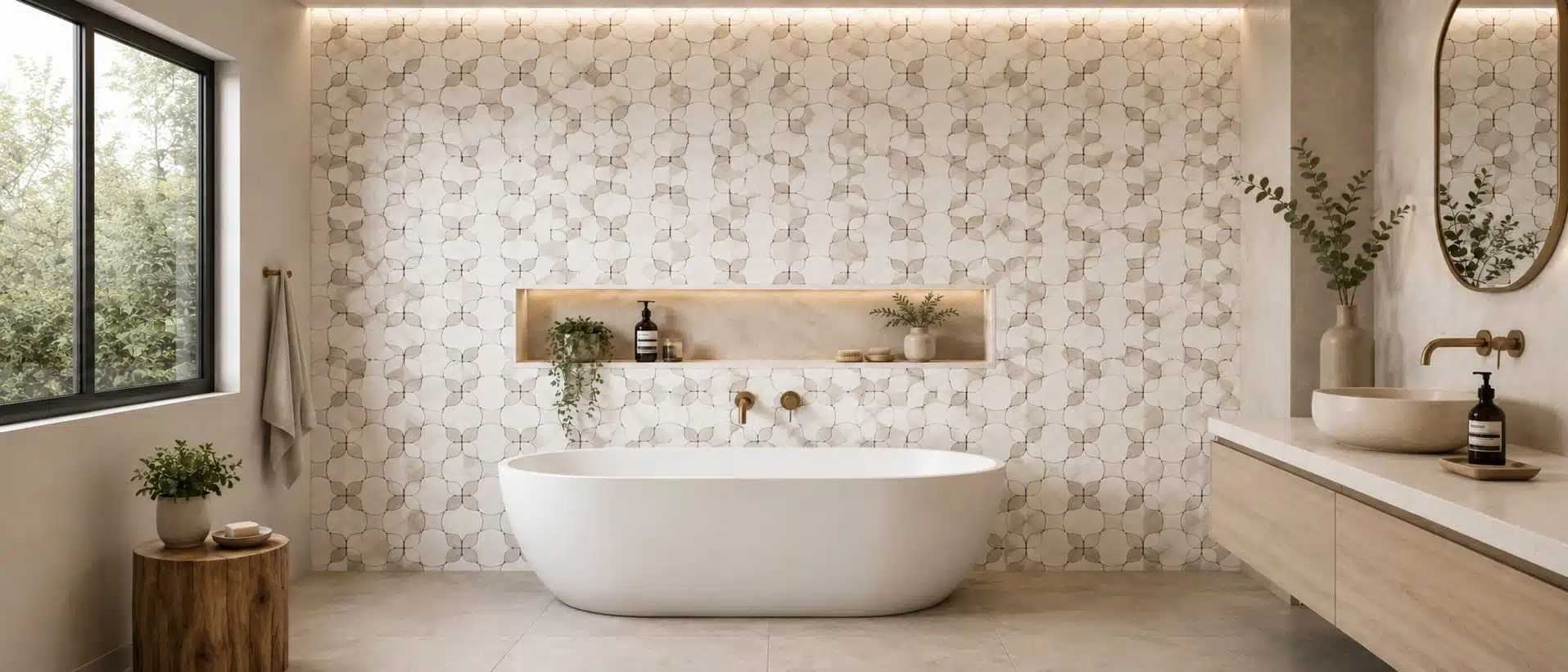 Luxury bathroom with geometric mosaic wall tiles