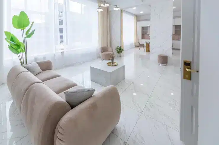 Modern interior featuring large-format tiled flooring