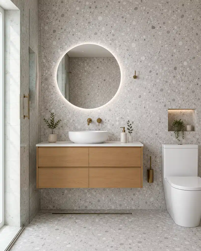 Modern Grey Stone Look Bathroom Tiles Modern bathroom with grey stone-look tiles, a round mirror and floating vanity
