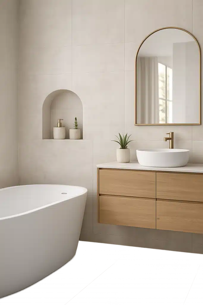Natural Stone Look Bathroom Tiles Natural stone-look bathroom tiles with a timber vanity and freestanding bath