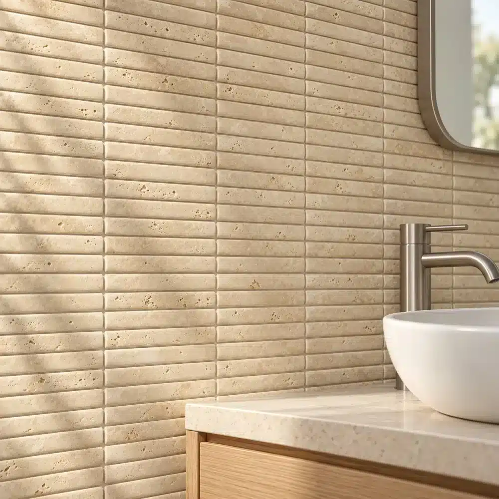 Travertine Cigar Wall Mosaic — Timber Vanity Design Visualisation Travertine Cigar wall mosaic design visualisation beside a timber vanity, showing warm stone texture and rounded profiles.