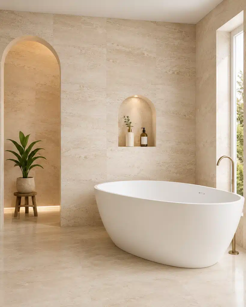 Travertine Look Bathroom Tiles Warm travertine-look bathroom tiles around a freestanding white bath