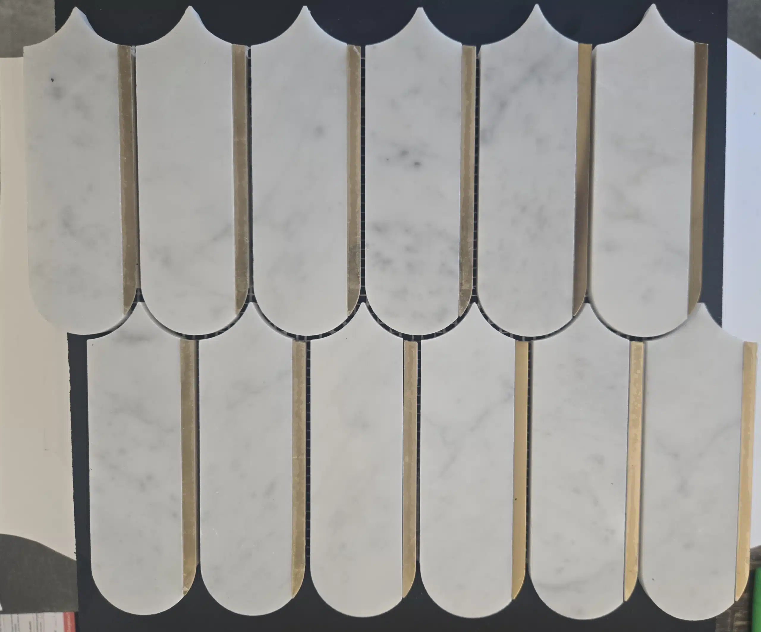 265×310mm Honed Carrara Marble Long Fan & Steel Mosaic Tile