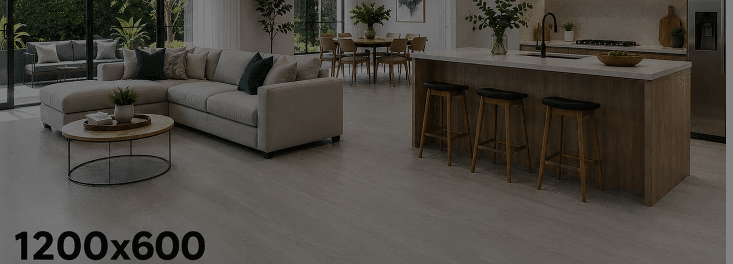 Large-format floor tiles in a contemporary living space