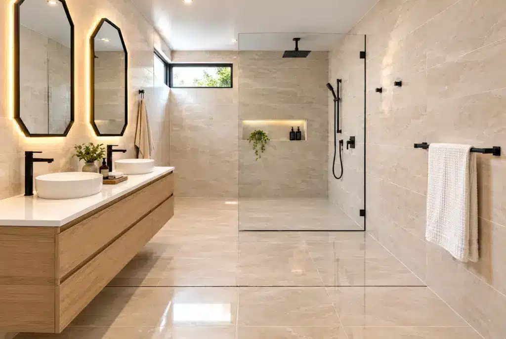 Bathroom idea one with travertine tones and black fittings