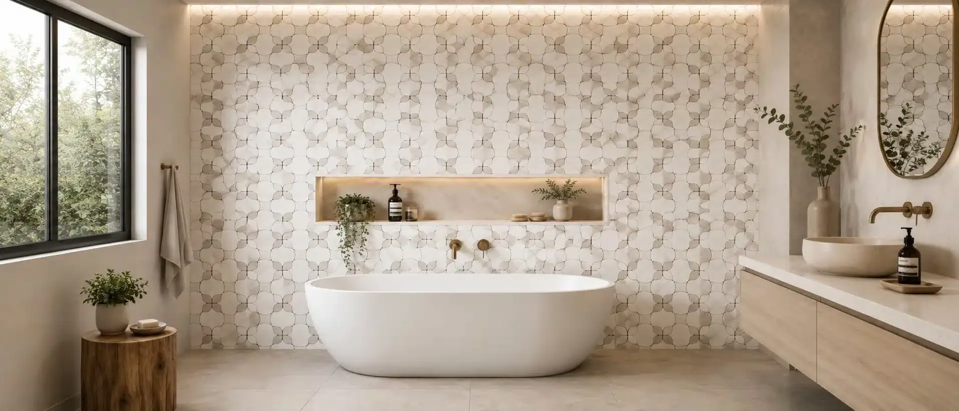 Bathroom with geometric mosaic wall tiles