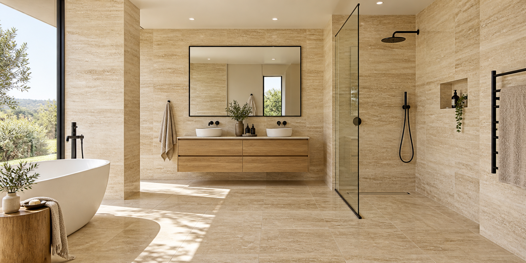 Modern bathroom tiled in marble-look porcelain