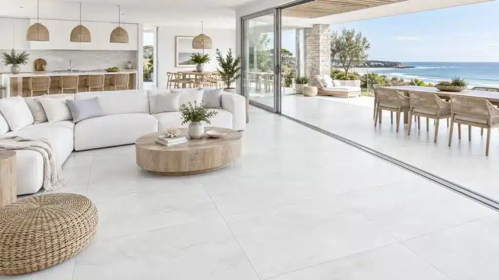Australian coastal open-plan interior featuring curated coastal tile palette