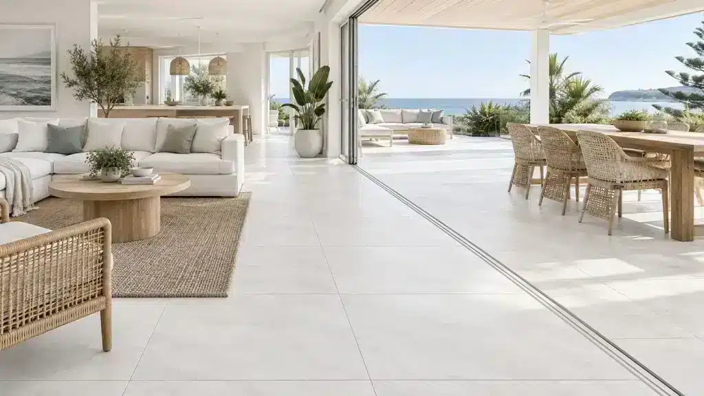 Italian Brixstone White — In situ · A bright indoor-outdoor coastal floor Italian Brixstone White — In situ · A bright indoor-outdoor coastal floor