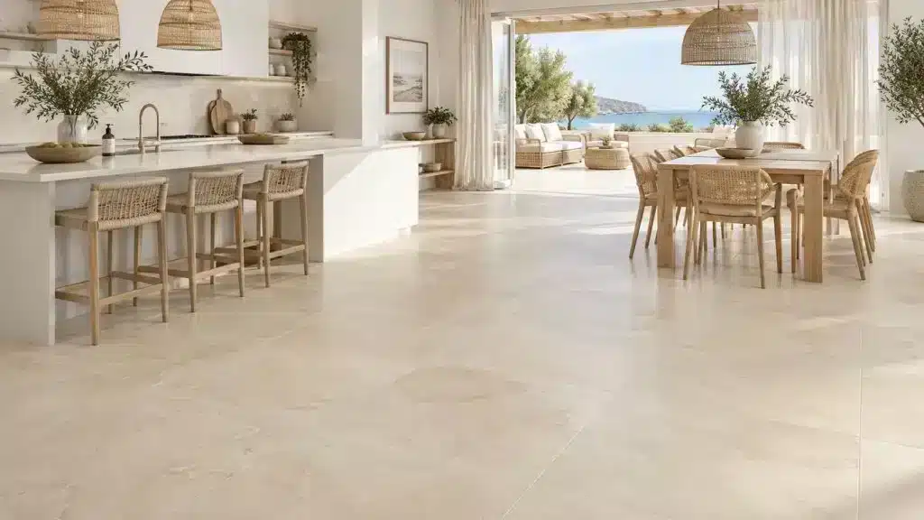 Limestone Sand Silk — In situ · Warmth that keeps a coastal palette light Limestone Sand Silk — In situ · Warmth that keeps a coastal palette light