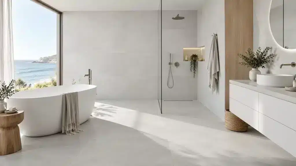 Milenia Pearl Matt — In situ · Long visual lines in a soft pearl bathroom Milenia Pearl Matt — In situ · Long visual lines in a soft pearl bathroom