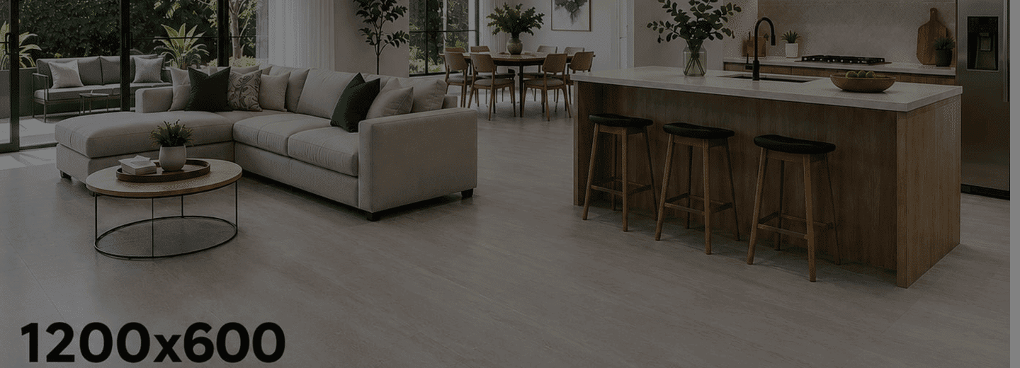 Large-format floor tiles in a contemporary living space