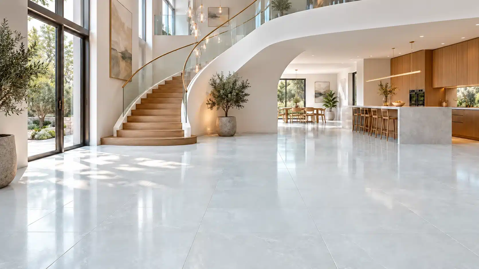 Essenza White Lappato porcelain tiles in a bright staircase and kitchen setting.