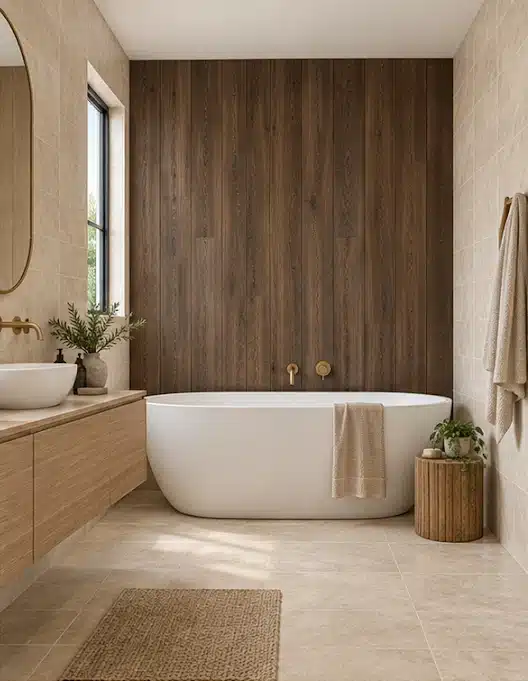 Design visualisation: dark timber-look feature wall behind a freestanding bath with travertine-look walls