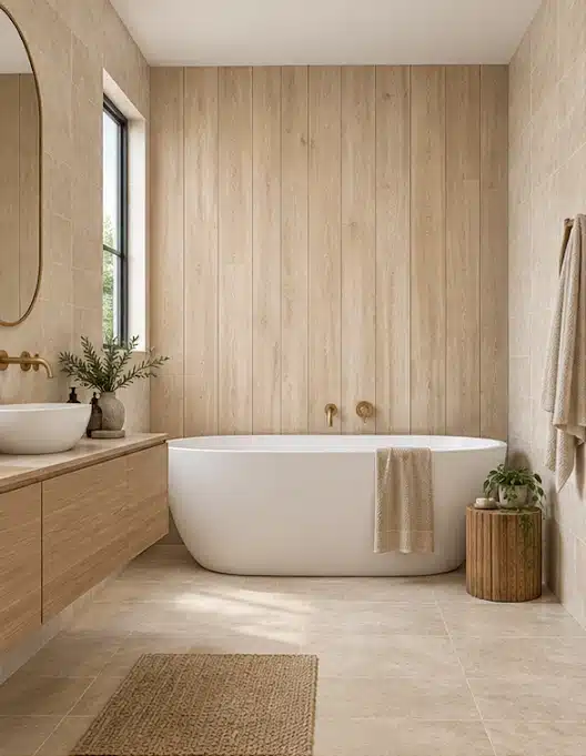 Design visualisation: light timber-look feature wall behind a freestanding bath with travertine-look walls
