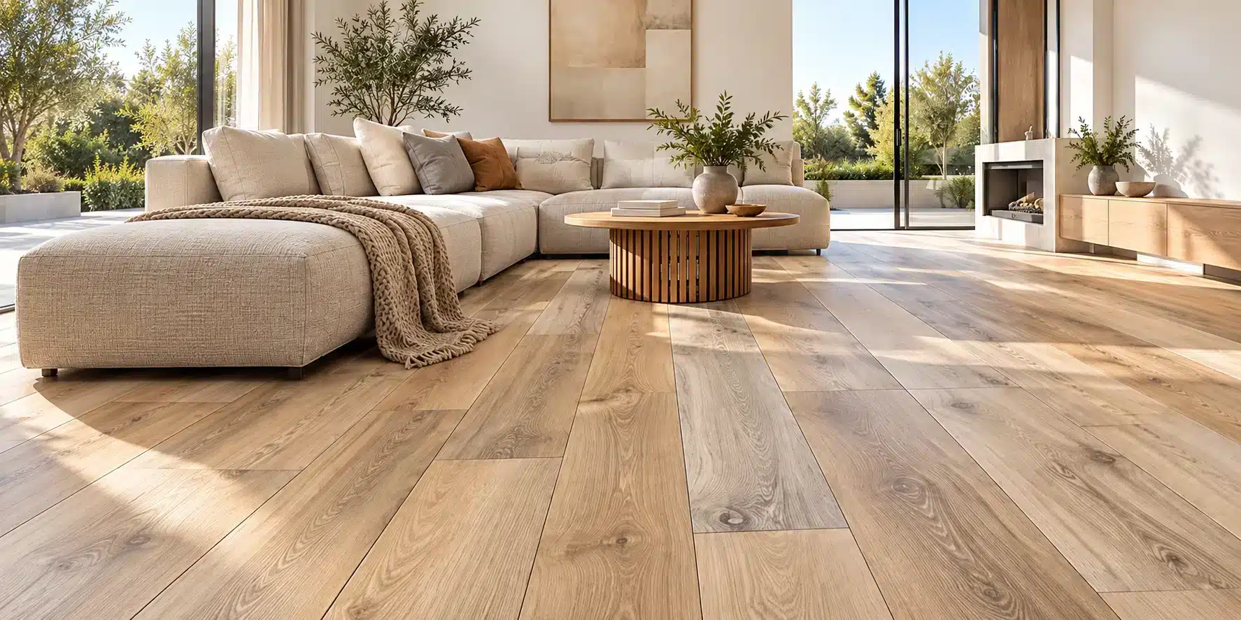 Warm oak-look plank tiles in a bright living room with a cream sofa, round timber coffee table and large windows.