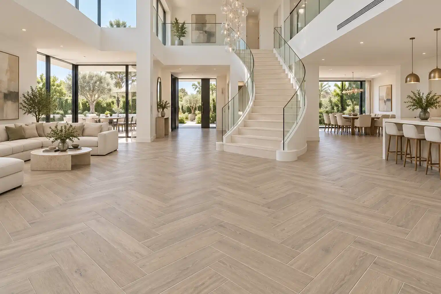 Light timber-look porcelain tiles in a modern open-plan living area with a curved staircase.