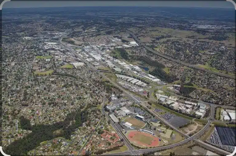 Aerial photograph of Campbelltown and its surrounding residential and commercial areas