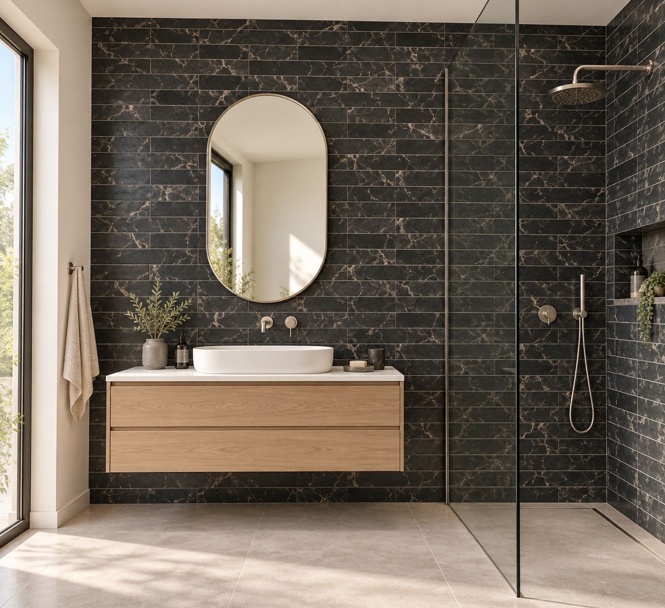50x300mm Amici Black Satin Subway Ceramic Wall Tile in a bathroom setting