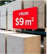Stacked clearance tiles with a price promotion from nine dollars per square metre