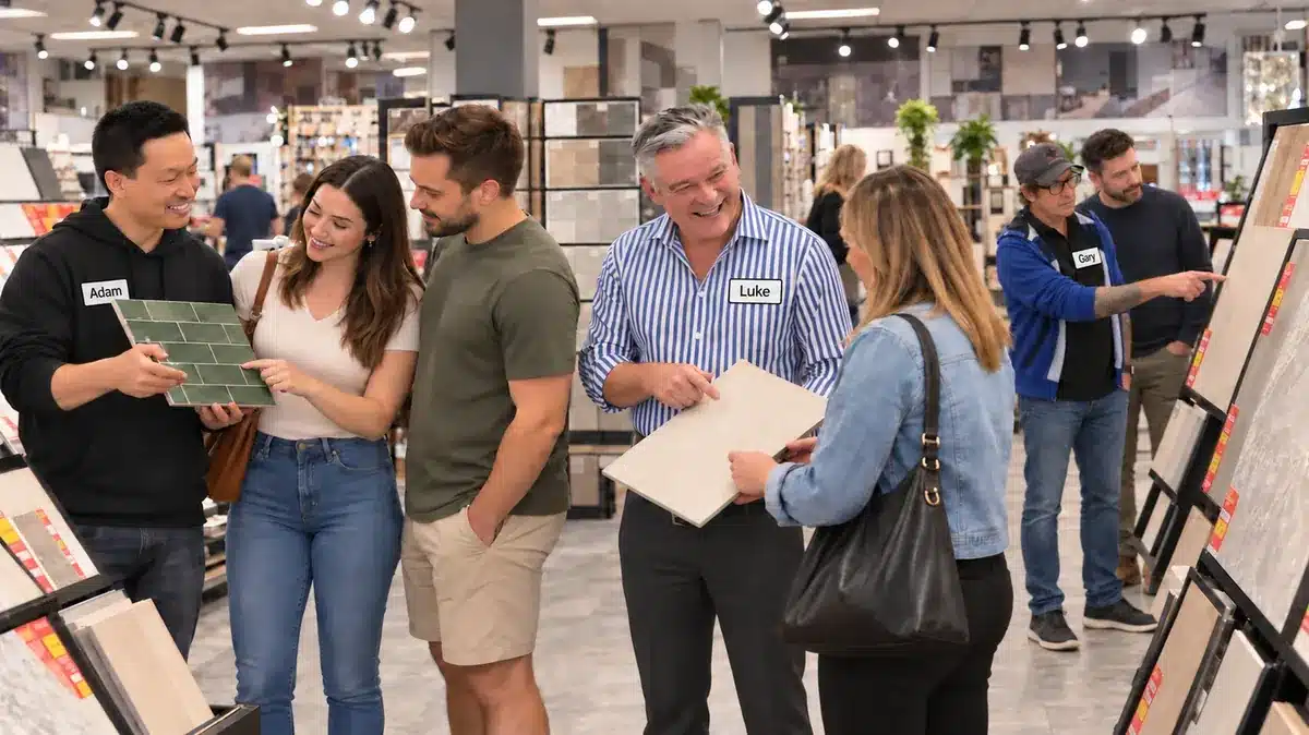 AI-enhanced scene of Adam, Luke and Gary wearing black-bordered name badges and helping customers compare floor and wall tile samples in the BFTO showroom.