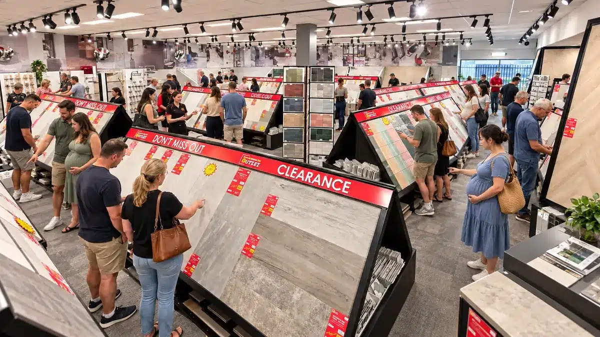 AI-enhanced view of Bargain Factory Tile Outlet’s Campbelltown tile showroom with customers browsing the floor and wall tile displays.