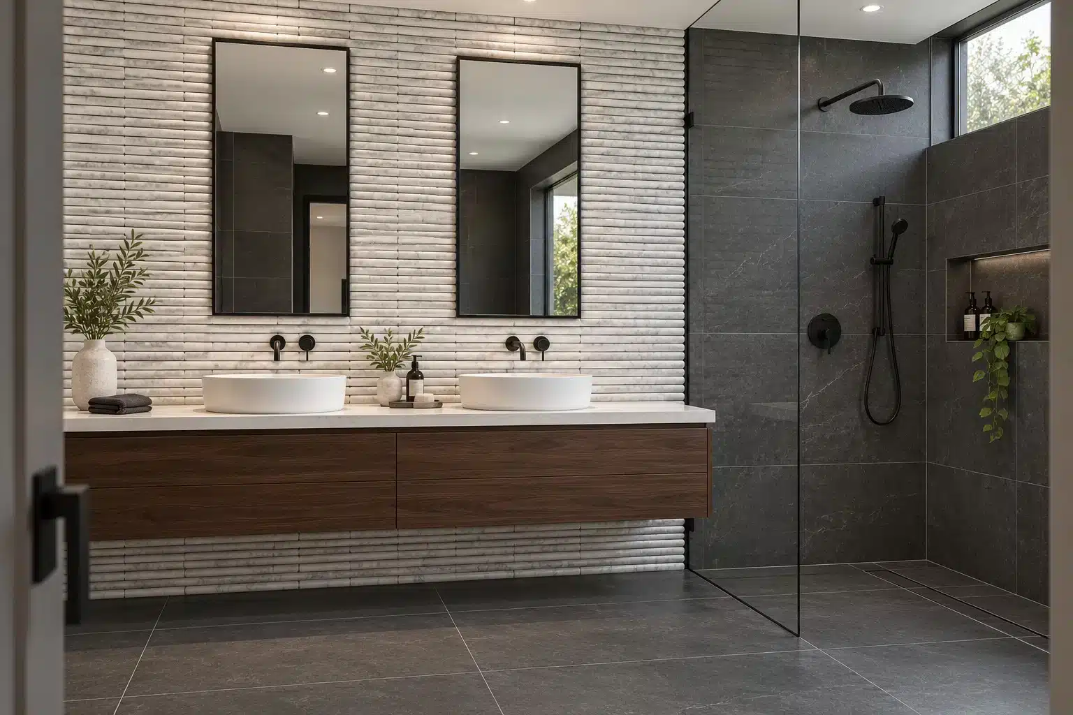 Carrara mosaic tile bathroom design visualisation with a cigar marble feature wall, dark porcelain tiles and black tapware.