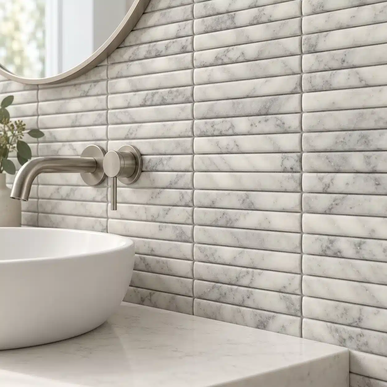 Design visualisation showing curved Carrara cigar marble pieces beside a white basin