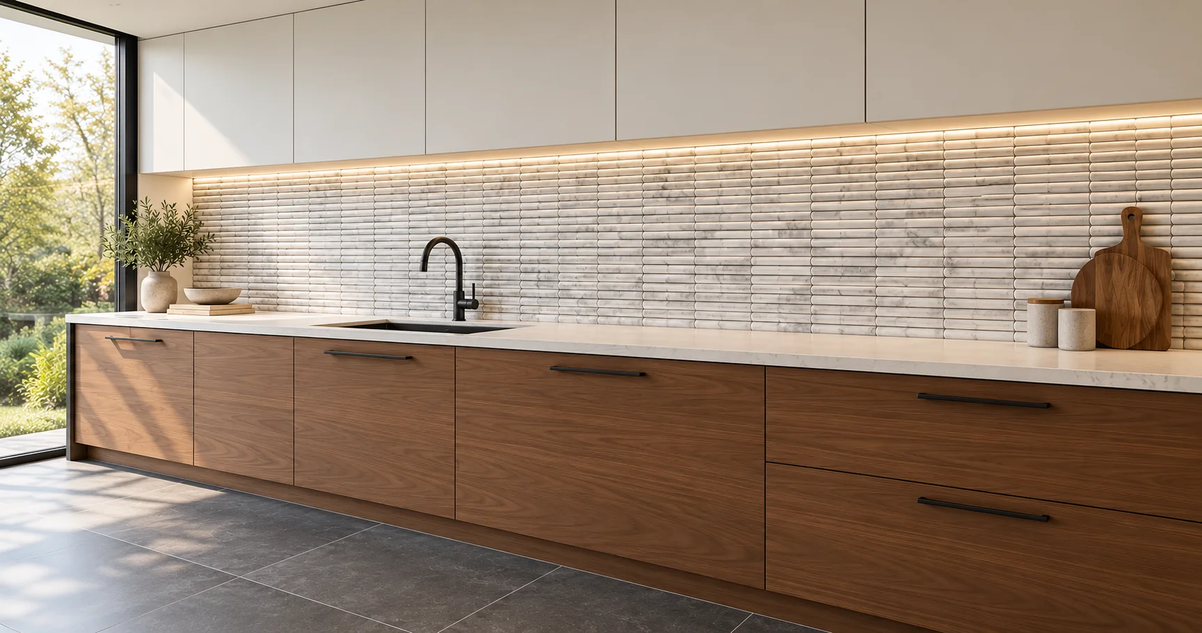Kitchen design visualisation with a grouted Carrara cigar marble splashback, walnut cabinetry and black mixer
