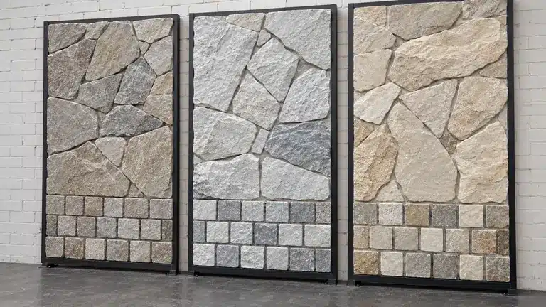 AI-reconstructed showroom display of three natural crazy paving wall panels with matching cobblestone bases in grey, silver and cream stone.