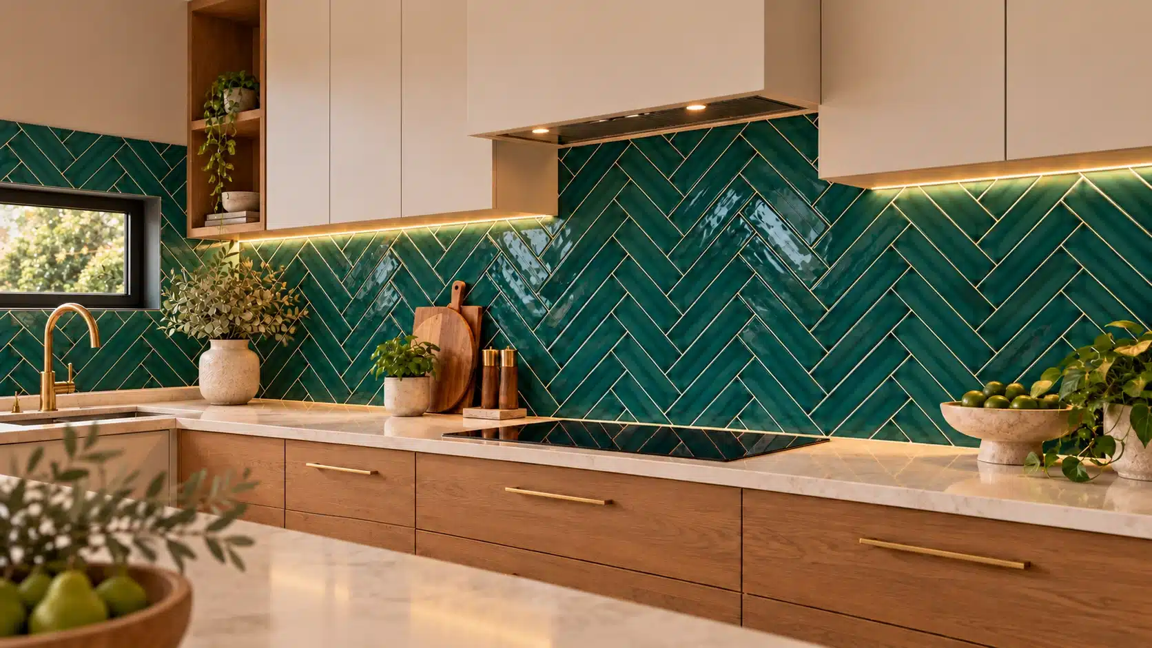 Rich green herringbone kitchen splashback tiles wrapping around a smaller window, paired with white upper cabinets, timber lower cabinets and brass tapware.