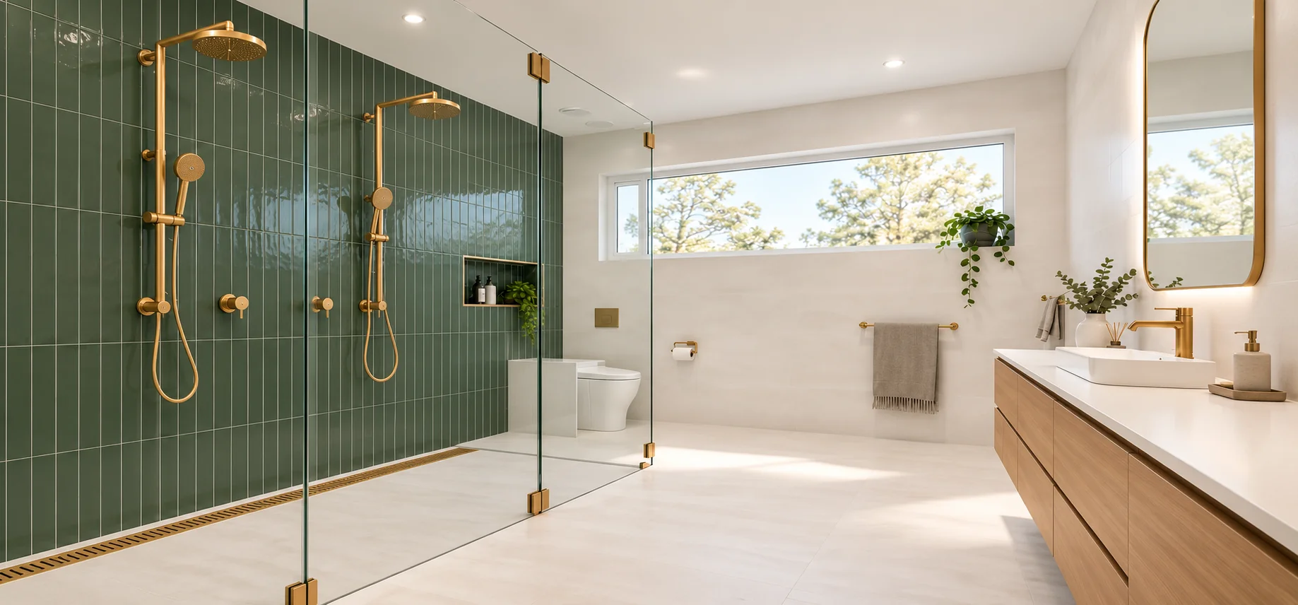 Double-shower bathroom with vertically laid Mallorca Green feature wall tiles, Salento White 1200 by 600mm floor and wall tiles, gold shower fittings and a matching brass linear drain.