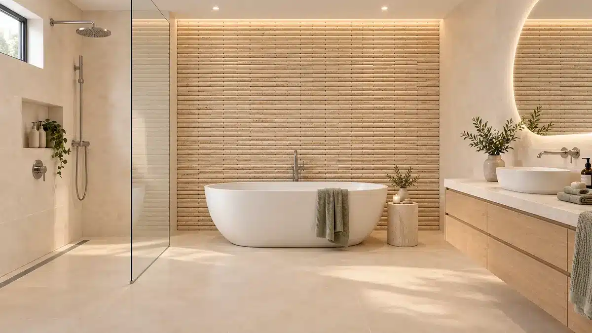 Spa-style bathroom with Salento Almond floor and wall tiles, a Cigar Travertine mosaic feature wall behind a freestanding bath, and a timber vanity.