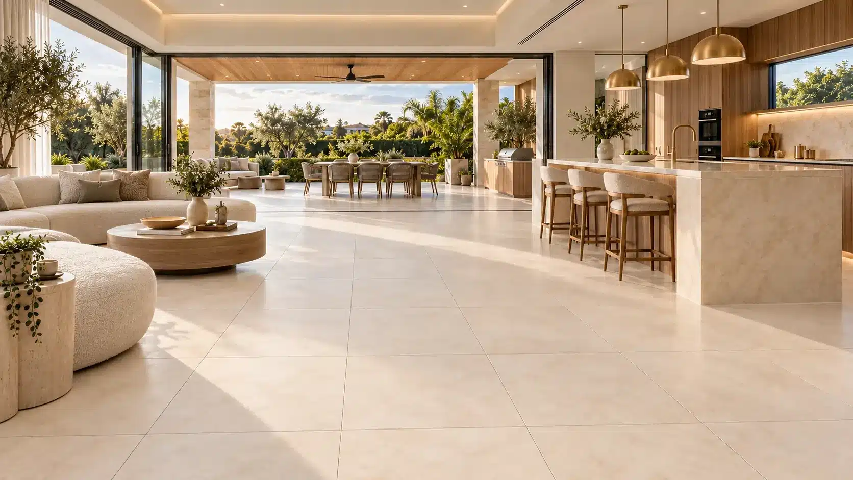 Salento Almond 3D porcelain floor tiles flowing through a luxurious open-plan living room and kitchen towards an outdoor entertaining area.