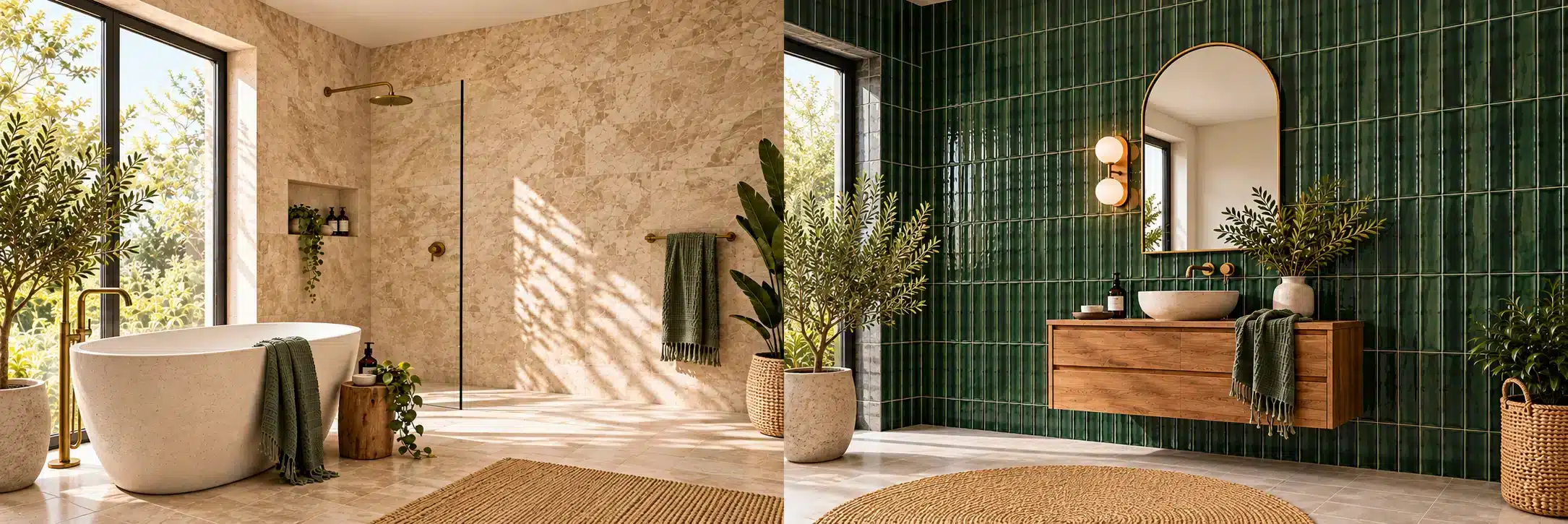 Travertine-look bathroom with a freestanding bath and glass shower.